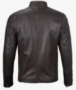 Back view of a dark brown leather jacket with a high collar and visible stitching. The jacket features zippers on the sleeves, conveying a sleek, stylish look.