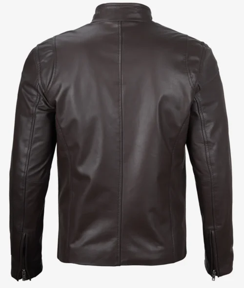 Back view of a dark brown leather jacket with a high collar and visible stitching. The jacket features zippers on the sleeves, conveying a sleek, stylish look.