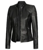 Sleek black leather jacket with padded shoulders, a front zipper, and zippered pockets, exuding a modern, edgy vibe.