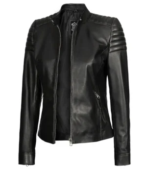 Sleek black leather jacket with padded shoulders, a front zipper, and zippered pockets, exuding a modern, edgy vibe.