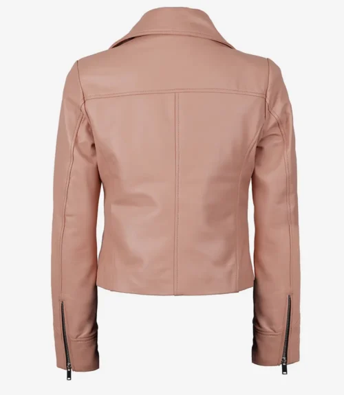 A back view of a light brown leather jacket with a collar, visible stitching, and zippered cuffs. The tone is sleek and stylish, perfect for a modern look.