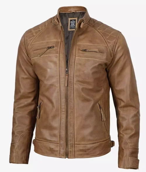 Brown leather jacket with a front zipper and four zippered pockets. The design is sleek and rugged, conveying a stylish and modern feel.