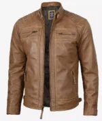 A brown leather jacket with a sleek, modern design, featuring a stand collar, zippered chest, and side pockets.