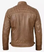 Brown leather jacket viewed from the back, featuring quilted shoulder panels and a straight collar. The design is sleek and rugged, evoking a classic style.