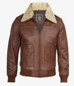 Brown leather bomber jacket with a plush tan collar, front zipper, and ribbed cuffs and hem. The label says Real Leather. Classic and stylish.