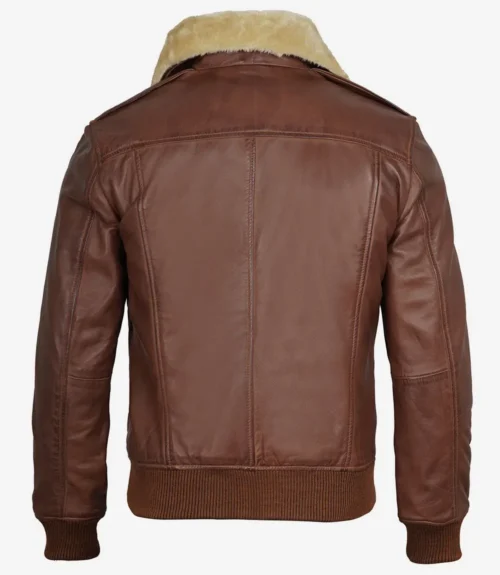 Brown leather jacket with a plush beige collar, seen from the back. The design features ribbed cuffs and hem, conveying a classic, rugged style.