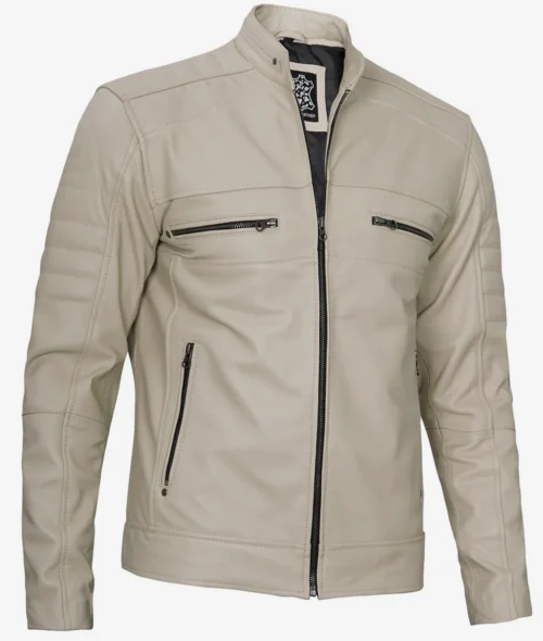 A sleek, light beige leather jacket with a stand-up collar. It features two chest zipper pockets and two side zipper pockets, exuding a modern, stylish vibe.