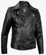 Black leather biker jacket with multiple silver zippers and a belted waist. Features classic lapels and an edgy, rebellious style.