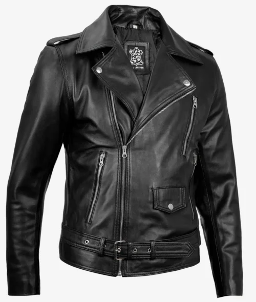 Black leather biker jacket with multiple silver zippers and a belted waist. Features classic lapels and an edgy, rebellious style.