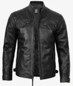 Black leather jacket with a sleek design, featuring quilted shoulders, diagonal chest zippers, and a stand-up collar, conveying a rugged, stylish tone.