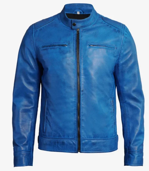 Vibrant blue leather jacket with a sleek design, featuring a front zipper and two horizontal chest pockets. It's modern, stylish, and eye-catching.