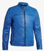 Bright blue leather jacket with a sleek design, standing collar, and front zipper. Features slim-fit tailoring and zippered chest and side pockets for a modern, stylish look.