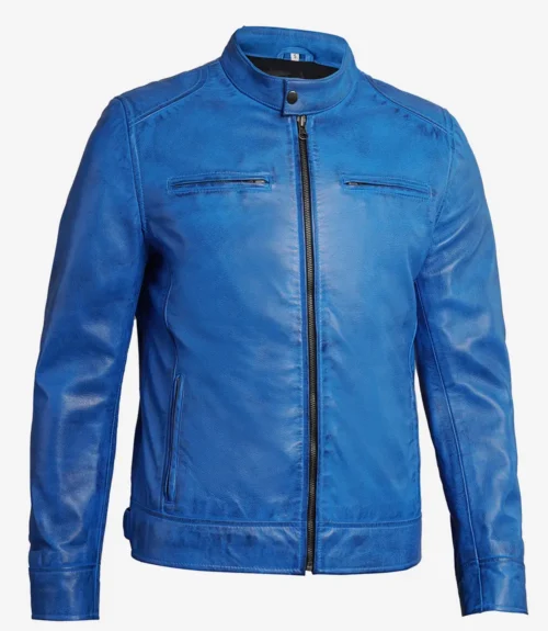 Bright blue leather jacket with a sleek design, standing collar, and front zipper. Features slim-fit tailoring and zippered chest and side pockets for a modern, stylish look.