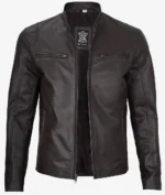 Brown leather jacket displayed on a plain background. Features two horizontal chest zippers, front zipper partially open, sleek and stylish design.