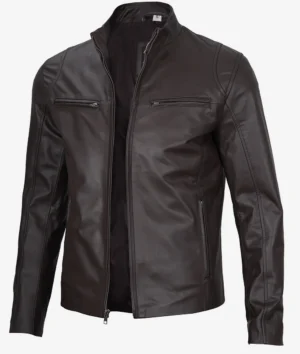 Dark brown leather jacket with a sleek design, featuring a stand collar, zip-up front, and two zippered chest pockets. The style is modern and edgy.