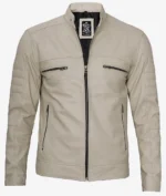 Beige leather jacket with a front zip, two chest zip pockets, and two side zip pockets. The jacket has a sleek, modern design and a stand collar.