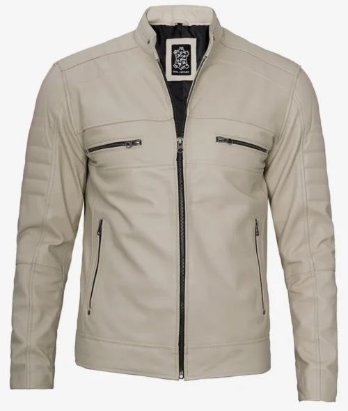 Beige leather jacket with a front zip, two chest zip pockets, and two side zip pockets. The jacket has a sleek, modern design and a stand collar.