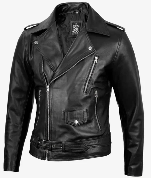 Black leather biker jacket with silver zippers and snaps. Features include an asymmetrical front zip, epaulettes, and a belted waist, conveying a classic, edgy style.