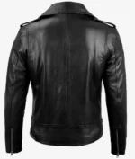 Black leather jacket shown from the back, featuring a straight seam down the center, an adjustable strap on the shoulders, and zipper details on the sleeves.