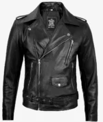 Black leather biker jacket with diagonally zipped front, silver hardware, epaulettes, waist belt, and a label reading Real Leather. Rugged and stylish design.