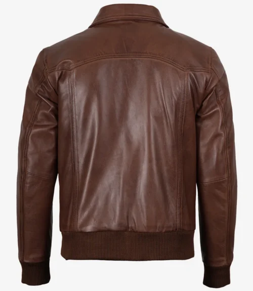 Men’s bomber style brown leather jacket with collar and front zip