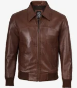 Casual men’s brown leather bomber jacket with rib-knit waist and cuffs
