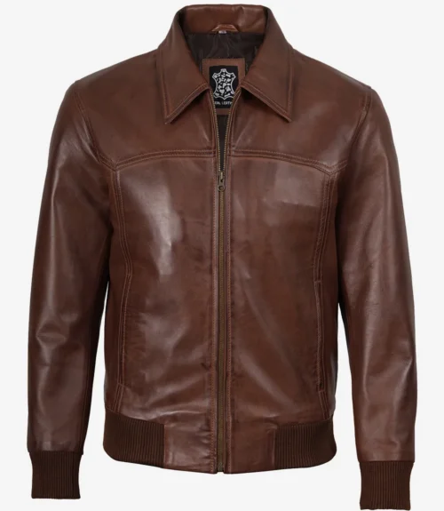 Casual men’s brown leather bomber jacket with rib-knit waist and cuffs