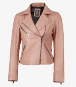 A light pink leather biker jacket featuring a classic asymmetric zip, silver button accents, and multiple zippered pockets, conveying a trendy and edgy style.