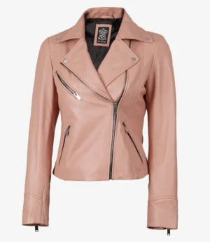 A light pink leather biker jacket featuring a classic asymmetric zip, silver button accents, and multiple zippered pockets, conveying a trendy and edgy style.