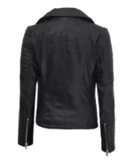 Black leather jacket with a sleek design, shown from the back. It features quilted sleeves and zippered cuffs, exuding a stylish and edgy tone.