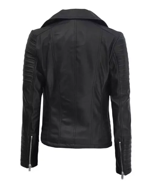 Black leather jacket with a sleek design, shown from the back. It features quilted sleeves and zippered cuffs, exuding a stylish and edgy tone.