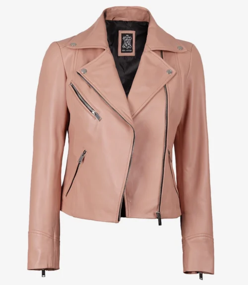 A light pink leather biker jacket with silver zippers and snap buttons, featuring an asymmetrical front zip and multiple pockets. The interior is lined in black fabric.