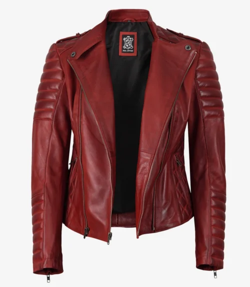 A stylish red leather jacket with quilted sleeves and a modern biker design. The open front reveals a black inner lining, exuding a bold, edgy tone.