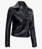 Sleek black leather jacket with polished silver zippers on the front and pockets. It features a classic biker style, evoking a cool and edgy vibe.