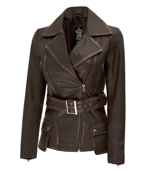 Brown leather jacket with wide lapels and a zipper closure. It features a belted waist and zippered pockets, conveying a stylish and edgy look.