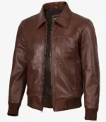Men’s brown leather jacket with shirt collar and front zipper closure