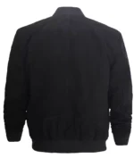 Back view of men’s black suede bomber jacket with ribbed hem and cuffs