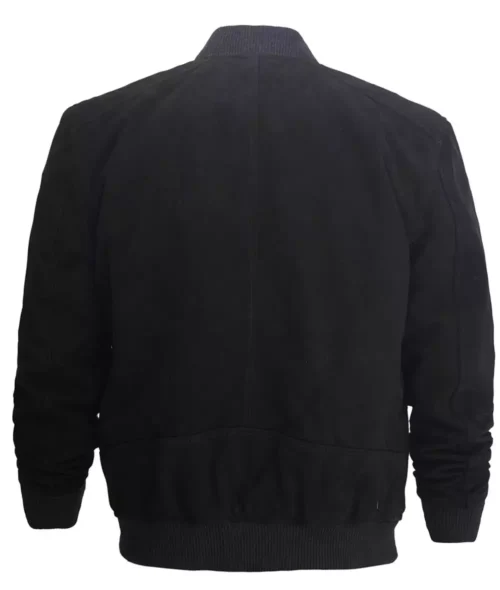 Back view of men’s black suede bomber jacket with ribbed hem and cuffs