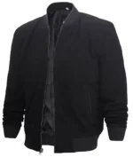 Men’s black suede leather jacket, three-quarter front view open
