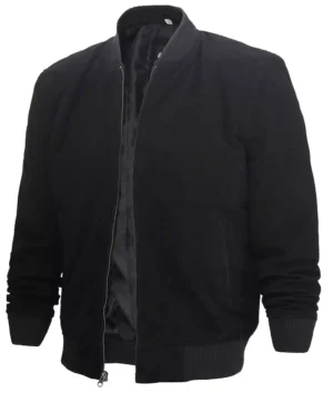 Men’s black suede leather jacket, three-quarter front view open