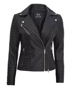 Black leather biker jacket with silver zippers and button details. The jacket has a structured, fitted look, conveying a stylish, edgy tone.