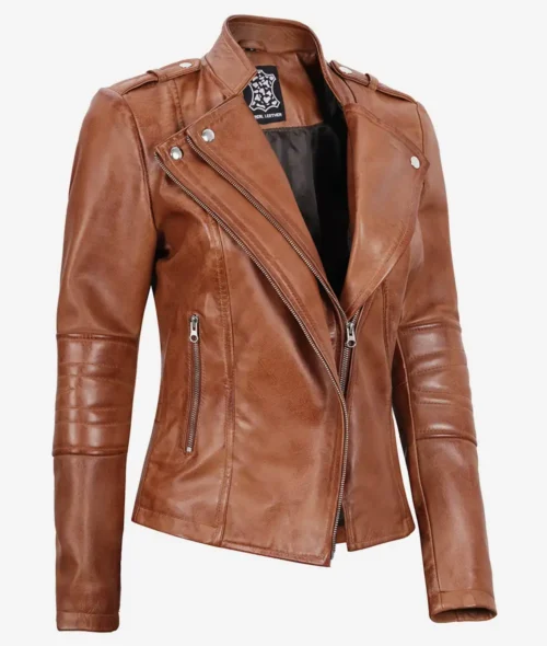 Brown faux leather jacket with asymmetrical zip, silver buttons, and quilted stitching on the sleeves, exuding a stylish, modern look.