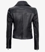 Back view of a sleek black leather jacket with a wide collar and fitted sleeves. The jacket features zippers on the cuffs, exuding a stylish, modern vibe.