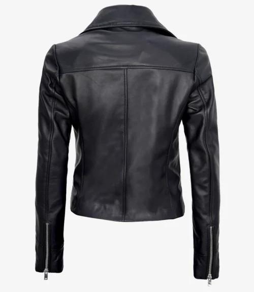 Back view of a sleek black leather jacket with a wide collar and fitted sleeves. The jacket features zippers on the cuffs, exuding a stylish, modern vibe.