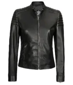 A sleek black leather jacket with a zipper front and quilted shoulder detailing. The design is modern and edgy, conveying a stylish tone.