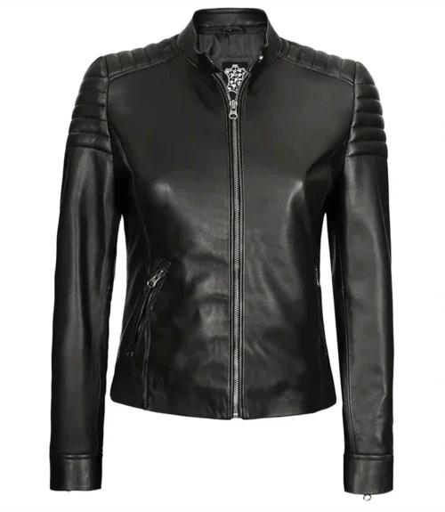 A sleek black leather jacket with a zipper front and quilted shoulder detailing. The design is modern and edgy, conveying a stylish tone.