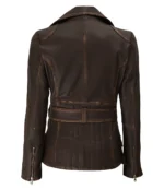 Brown leather jacket, viewed from the back, featuring a fitted design with a waist belt and vertical stitching details. Vintage, stylish appearance.