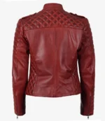 Red leather jacket, back view, featuring a quilted design on shoulders and sleeves. The sleek, fitted style conveys a modern, edgy tone.