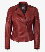 Red leather jacket with quilted sleeves, asymmetrical zip, and fitted silhouette. The image projects a stylish, edgy.