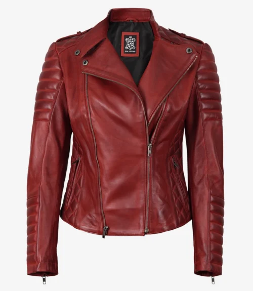 Red leather jacket with quilted sleeves, asymmetrical zip, and fitted silhouette. The image projects a stylish, edgy.